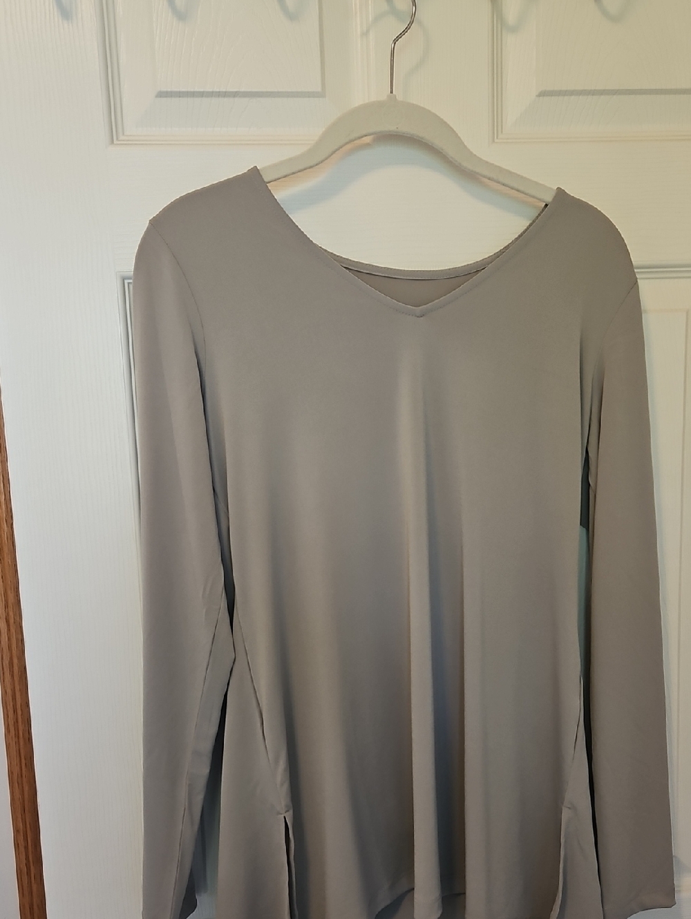 Susan Graver V-Neck Long Sleeve Top in Light Gray With Slits.